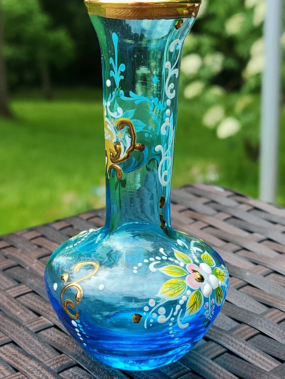 Vtg Glass Boho MCM Azure Blue Vase Hand painted Gold Embellishments Floral EUC